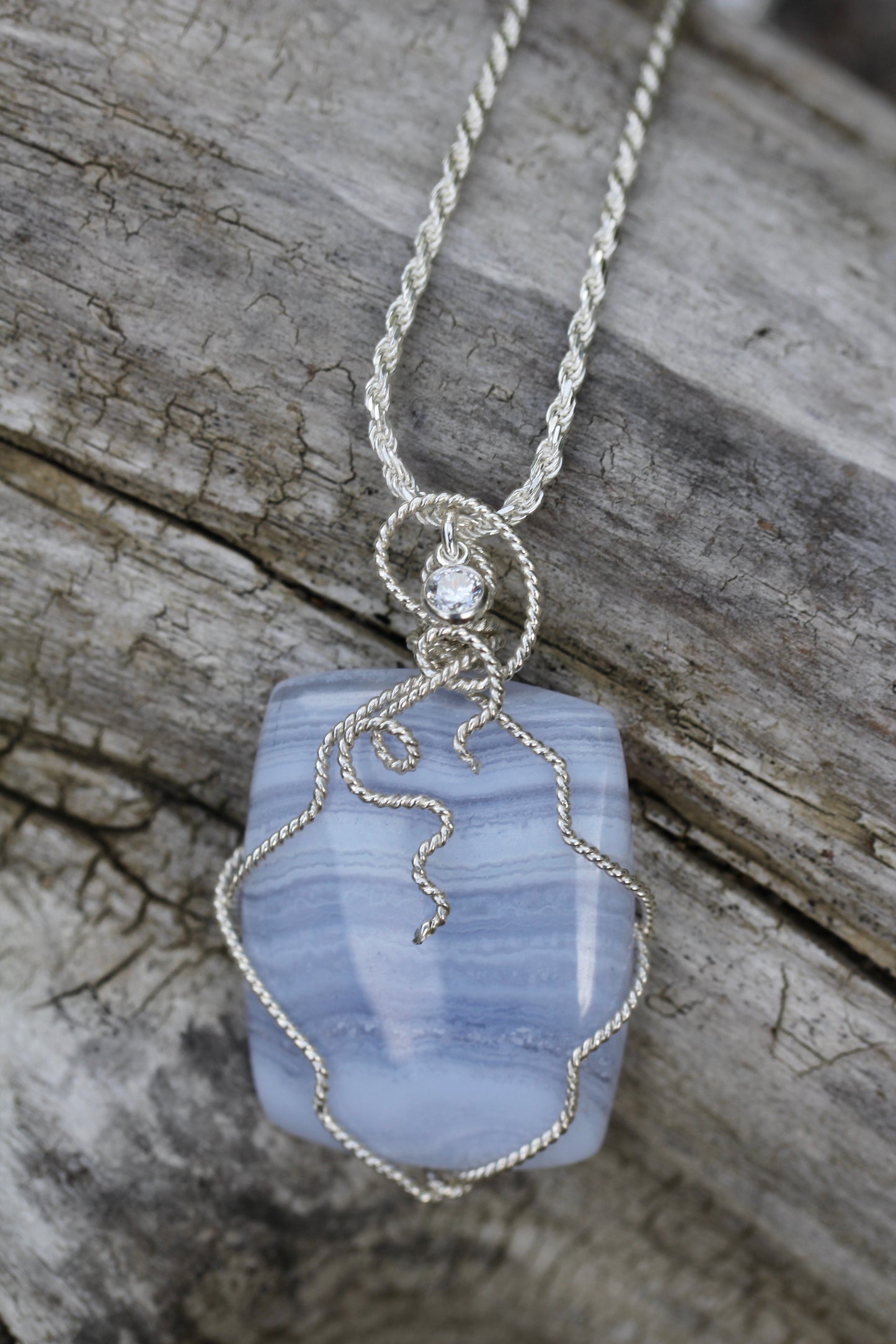 Blue Lace Agate Silver Swirl Necklace