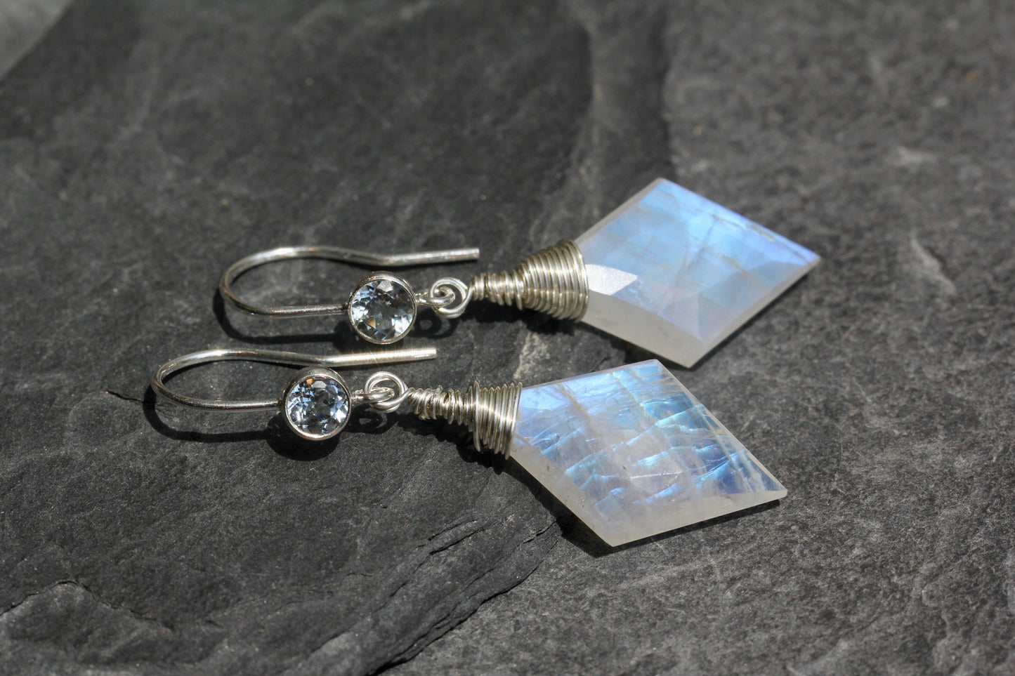 Rainbow Moonstone Blue Topaz Diamond Drop Earrings