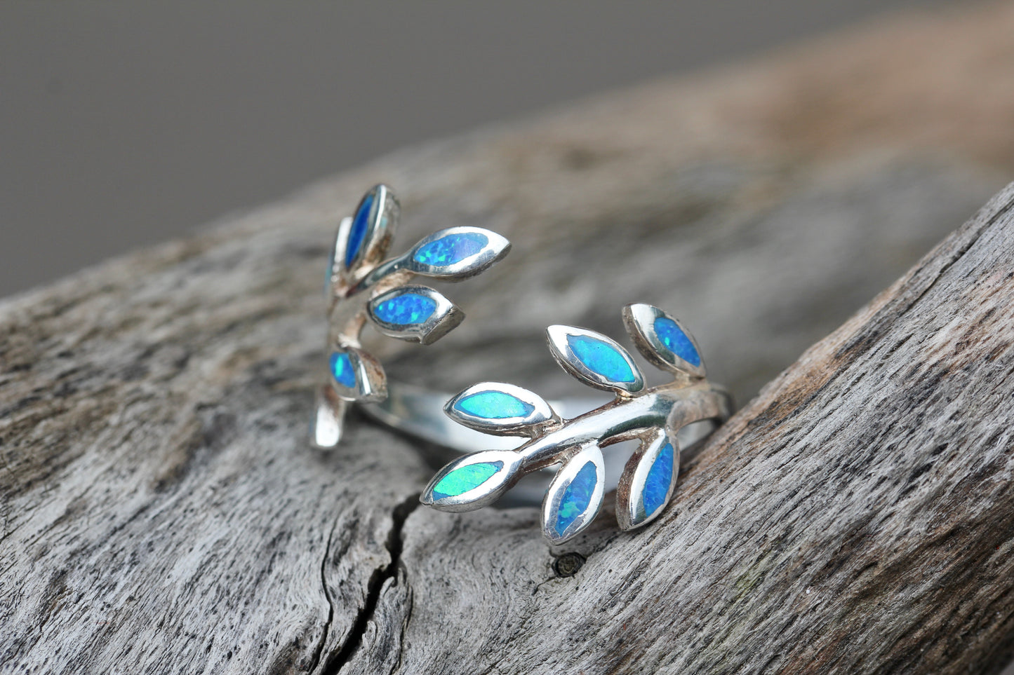 Created Blue Opal Leaf Ring
