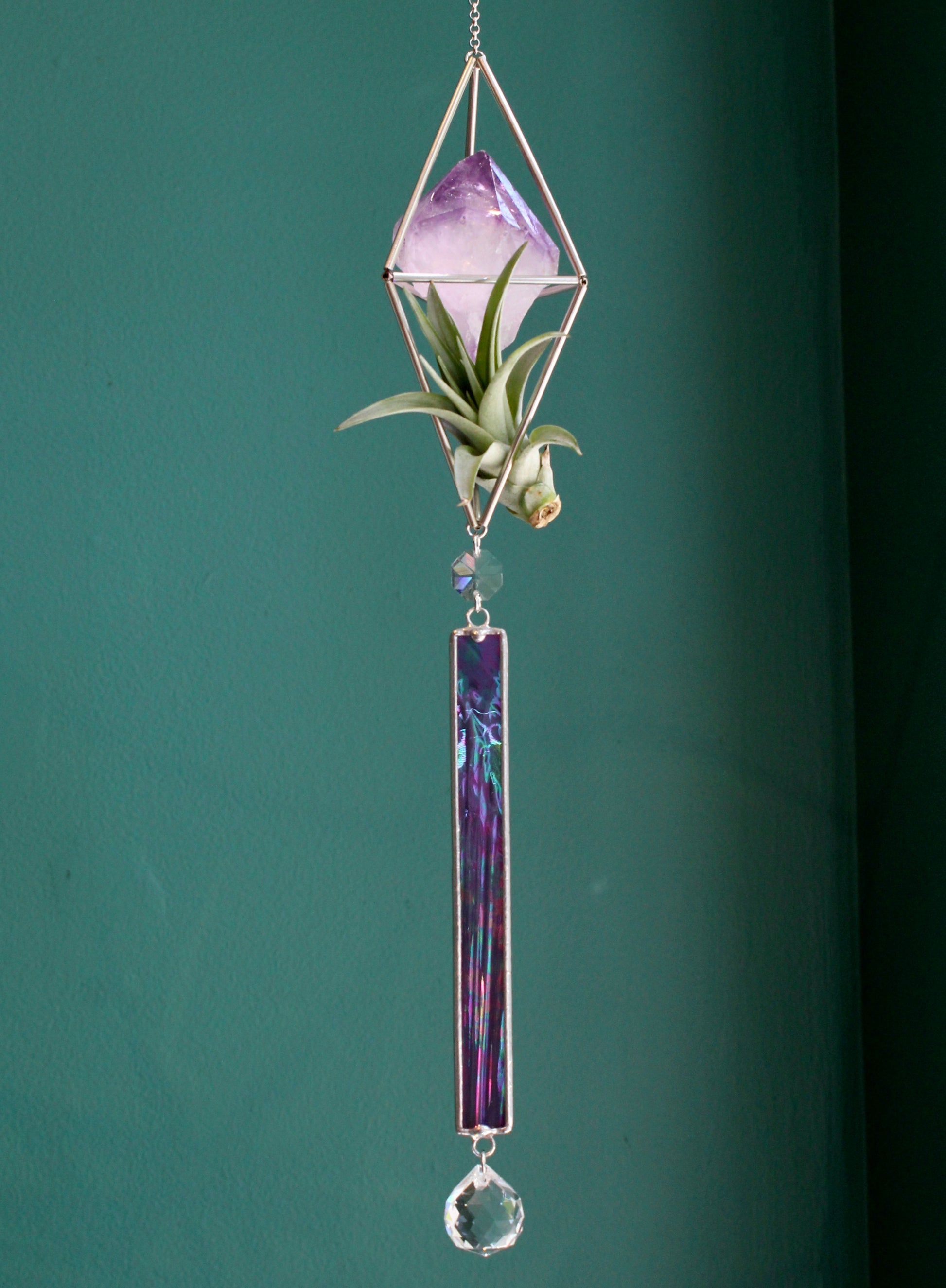 amethyst crystal air plant Amethyst Crystal Stained Glass Sun Catcher with Air Plant – Annick Designs