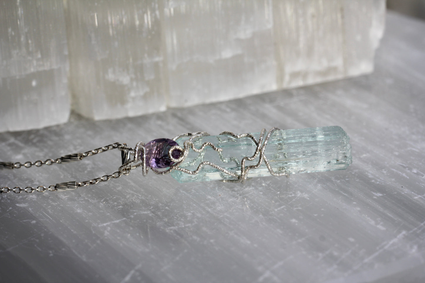 Aquamarine Crystal Pendant with Amethyst