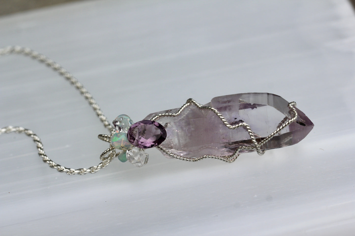 Vera Cruz Amethyst Crystal Pendant with Opal and Herkimer Diamond
