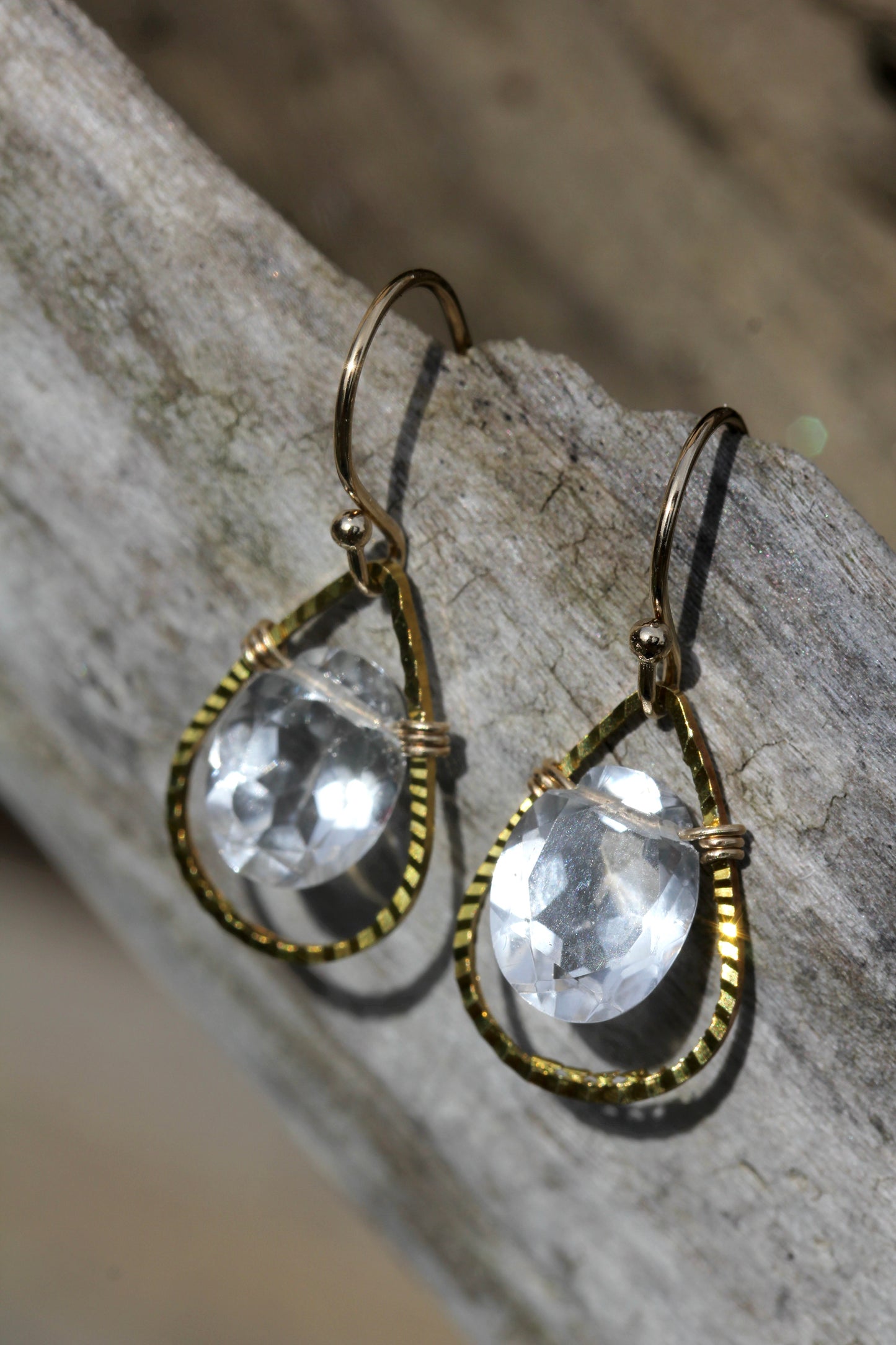 Rock Crystal Quartz Brass Tear Drop Earrings