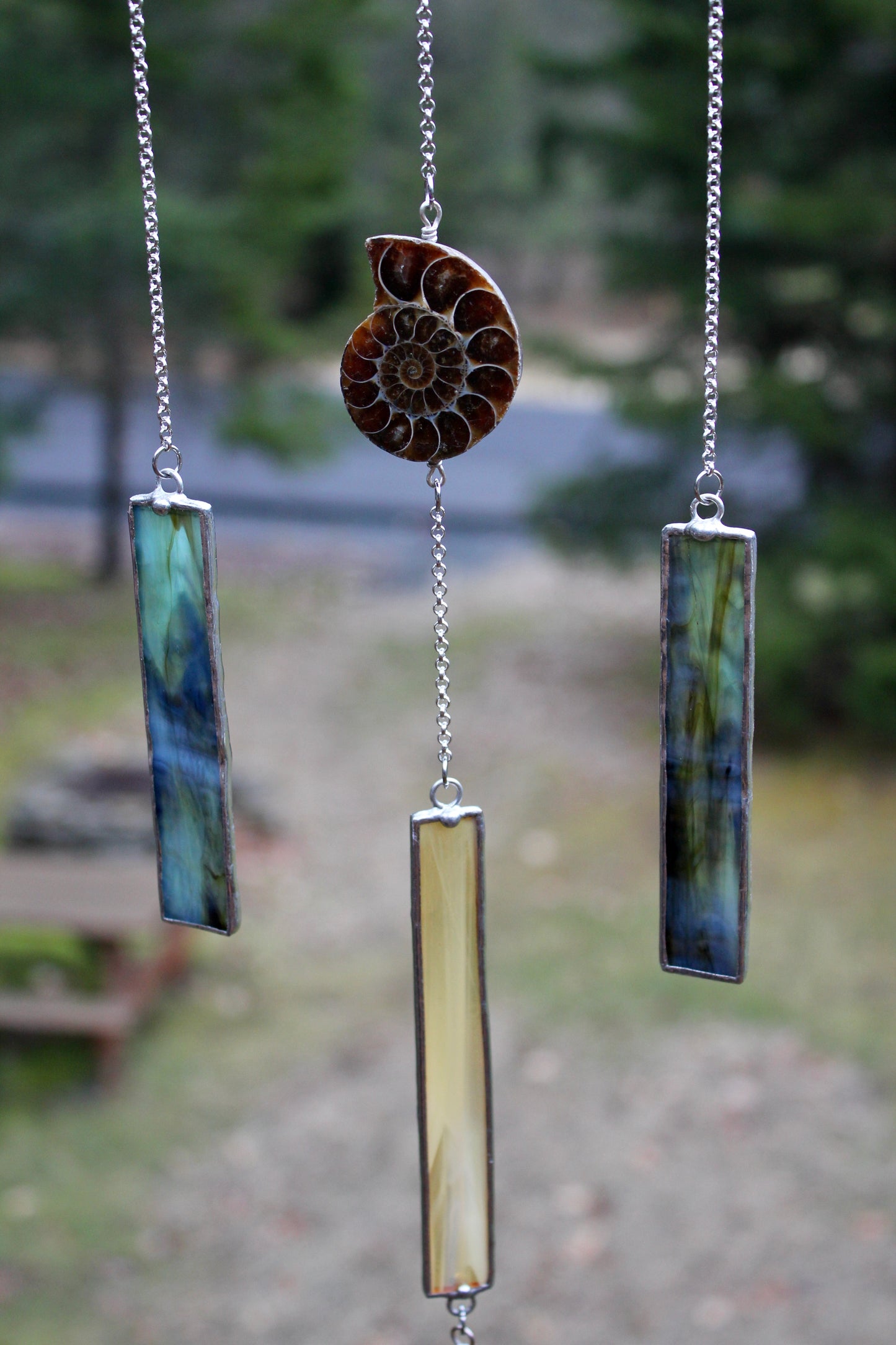 Drift Wood Stained Glass Mobile with Ammonite