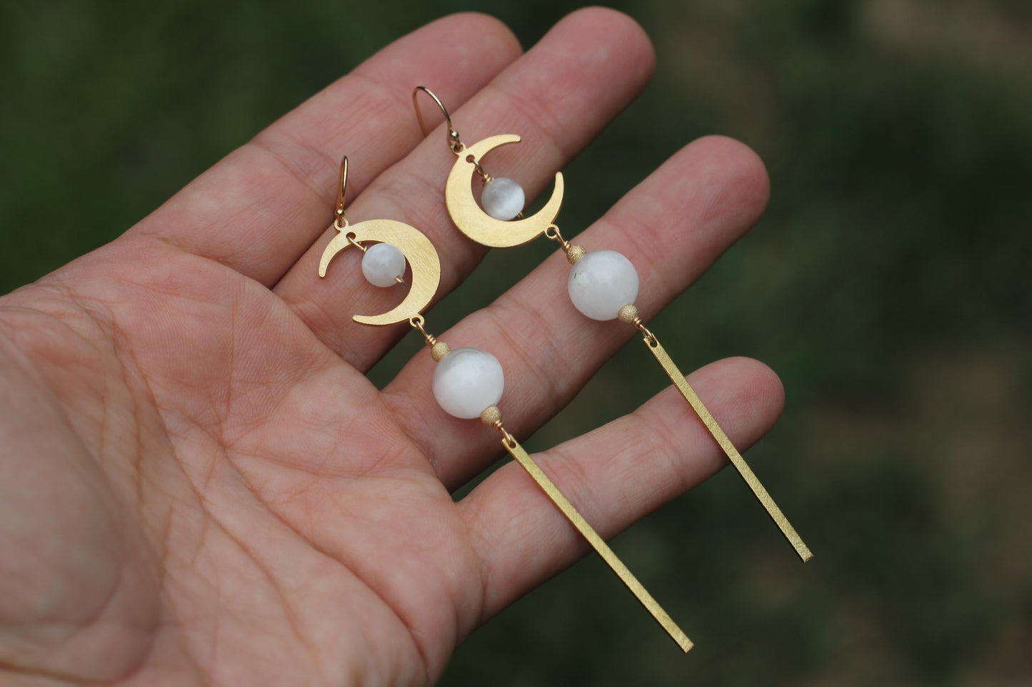 Brass Moon Selenite Long Drop Earrings