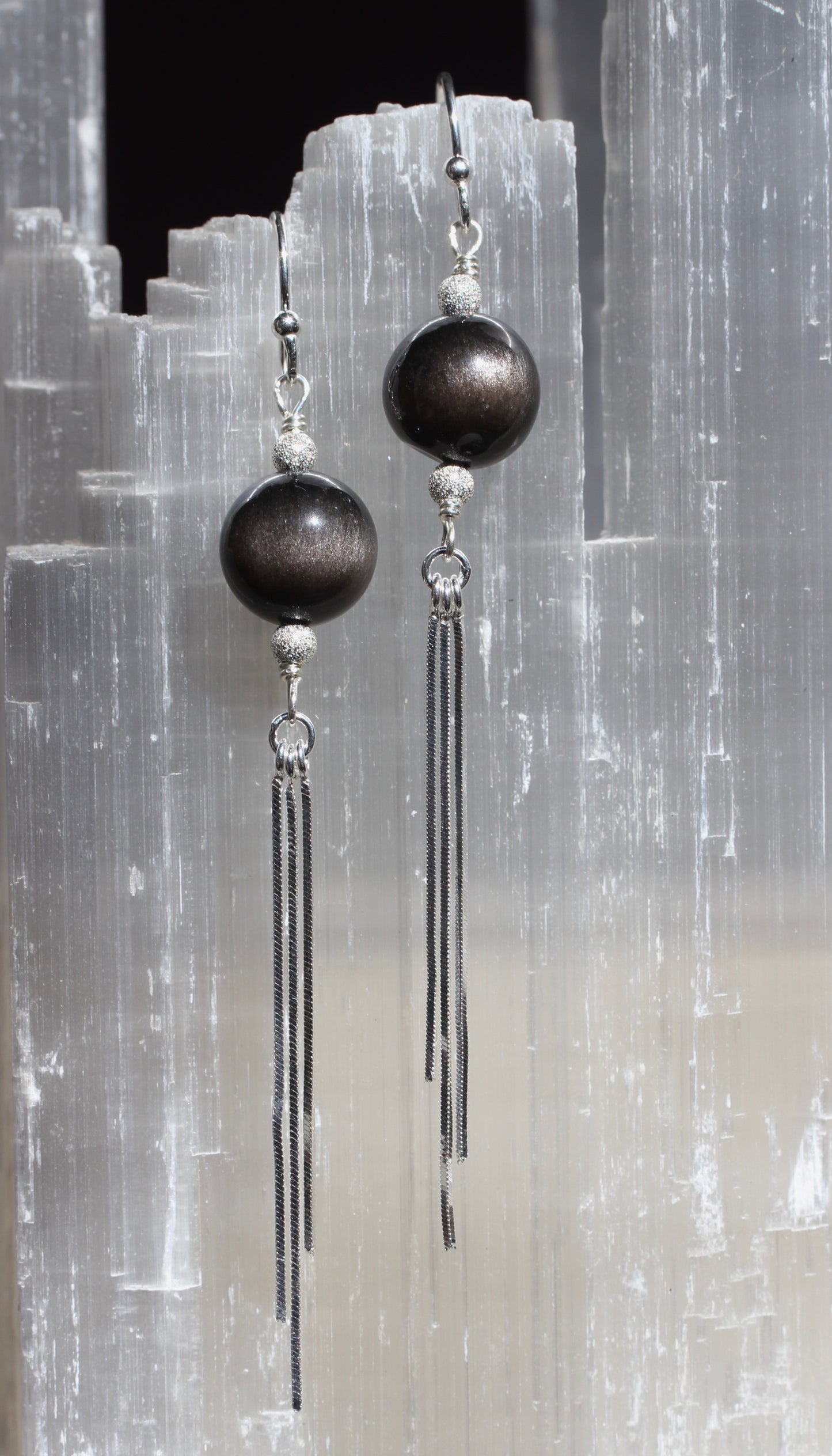 Obsidian Sheen Silver Tassel Earrings