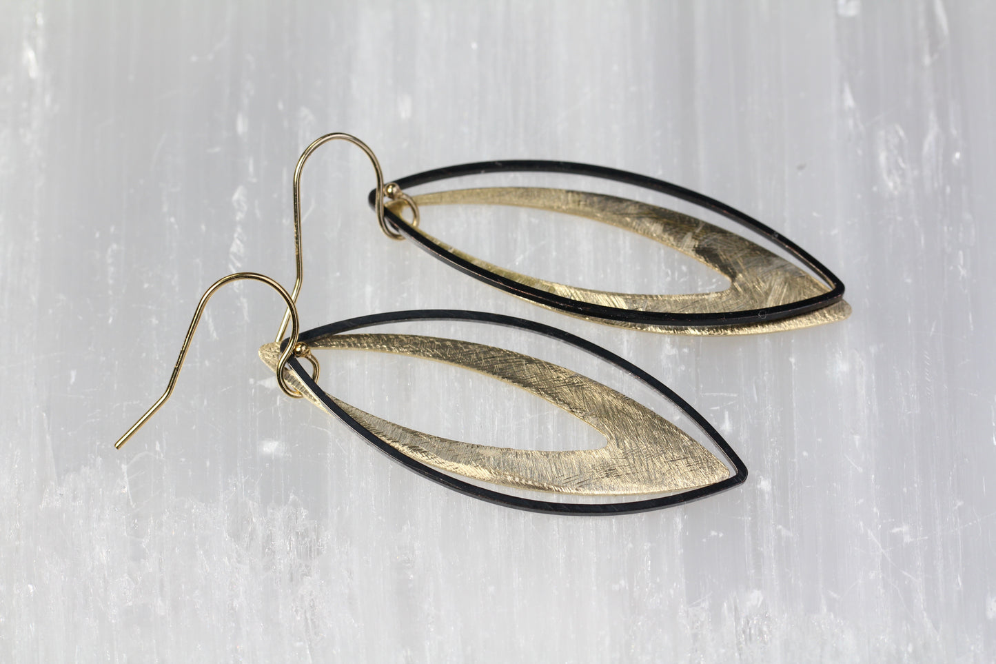 Black and Gold Brass Marquis Earrings