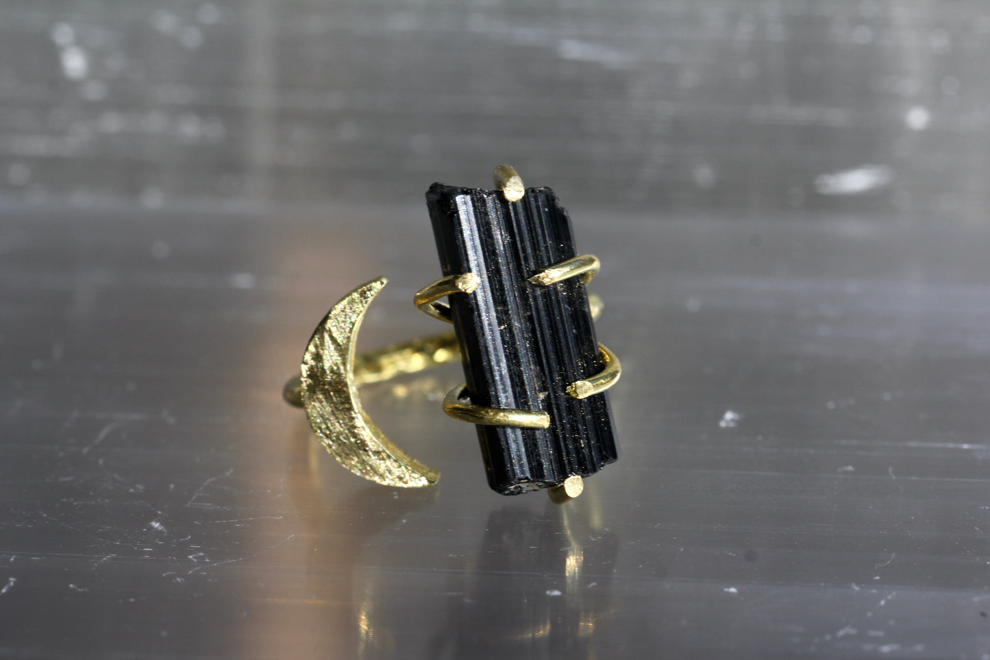 Black Tourmaline Crystal Moon Ring