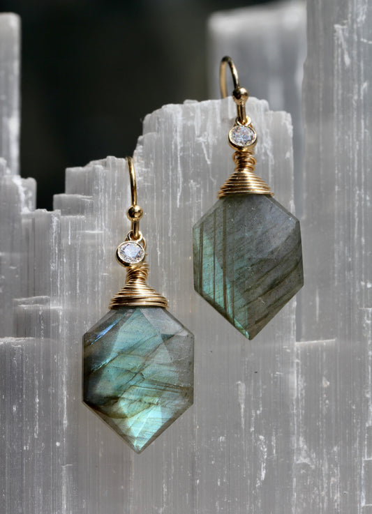 Labradorite Hexagonal Gold Wrap Earrings