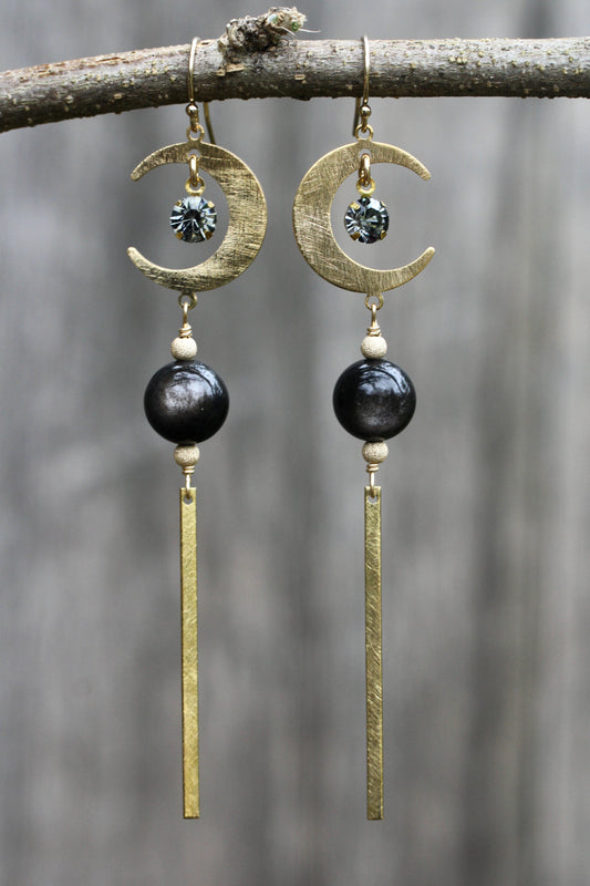 Brass Moon Obsidian Long Drop Earrings