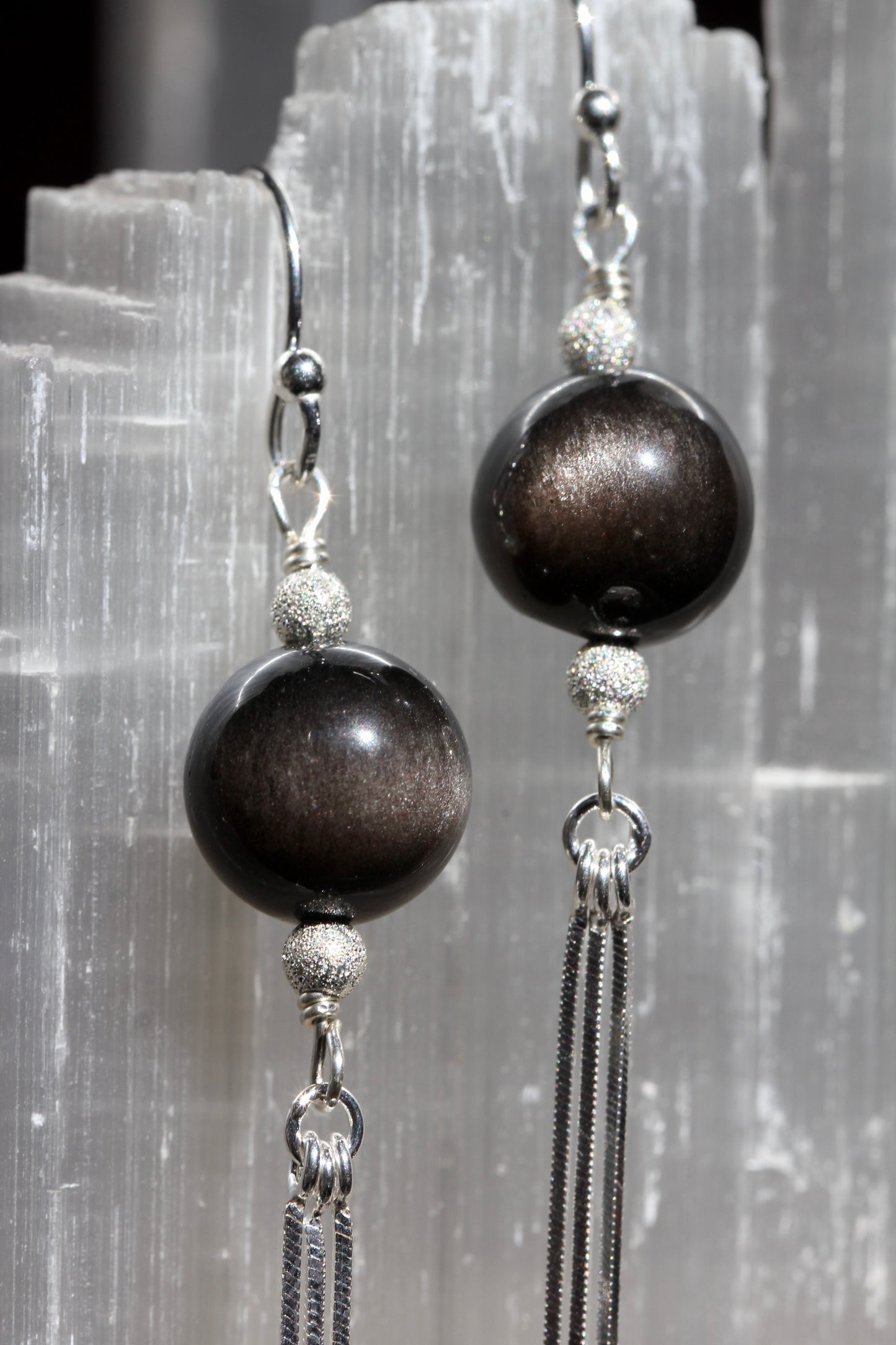 Obsidian Sheen Silver Tassel Earrings