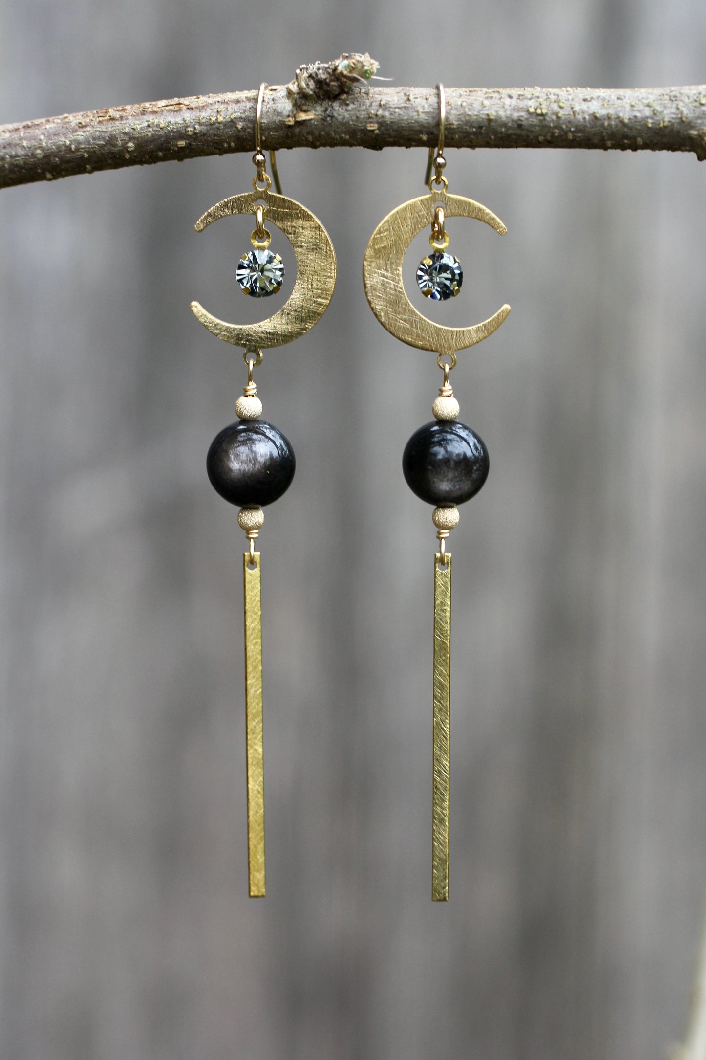 Brass Moon Obsidian Long Drop Earrings