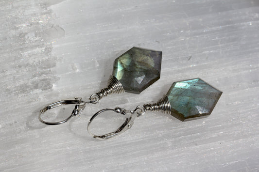 Labradorite Hexagonal Silver Wrap Earrings