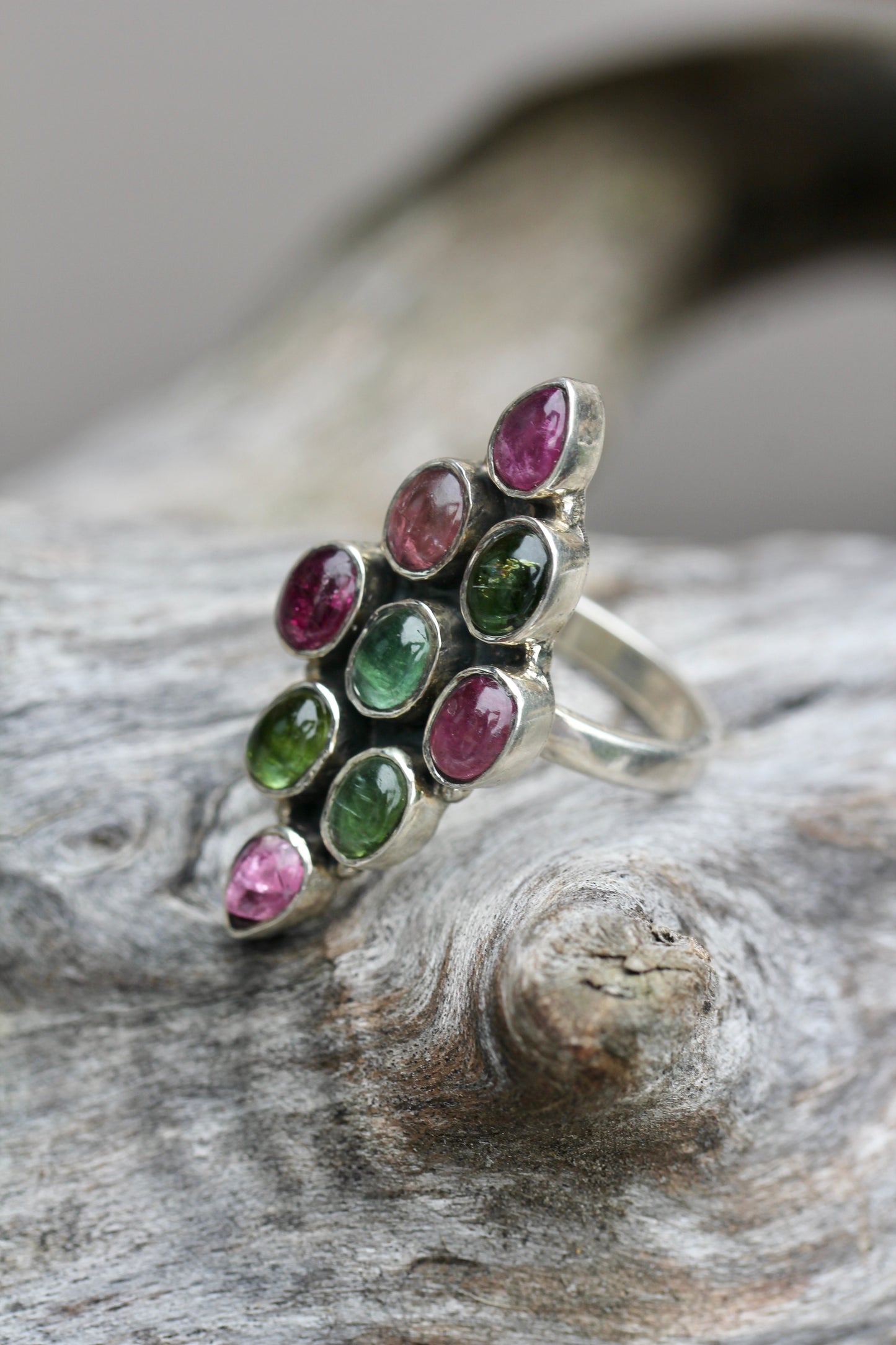 Pink and Green Tourmaline Diamond Cluster Ring