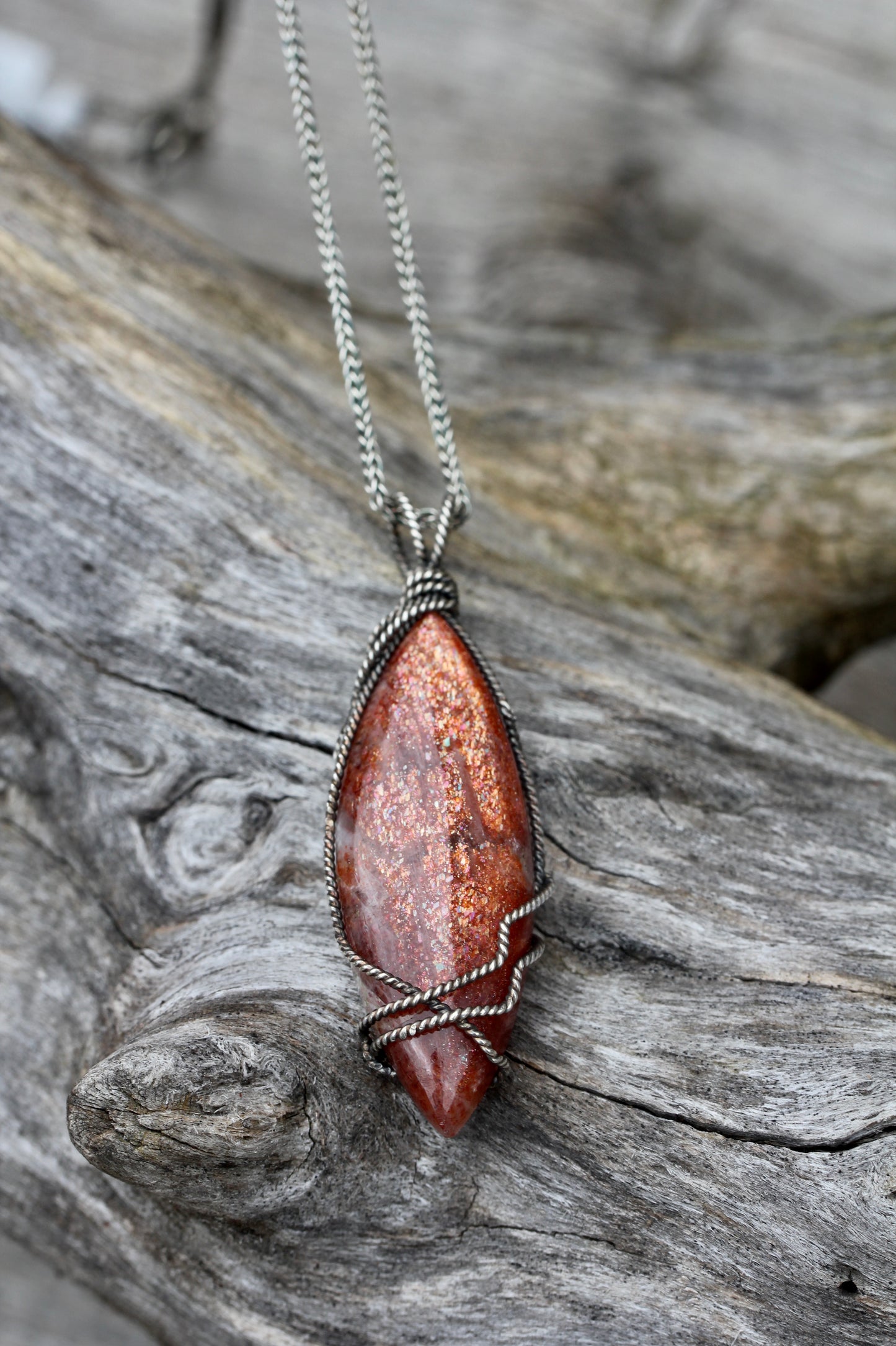 Sunstone Marquis Oxidized Silver Wrap Necklace