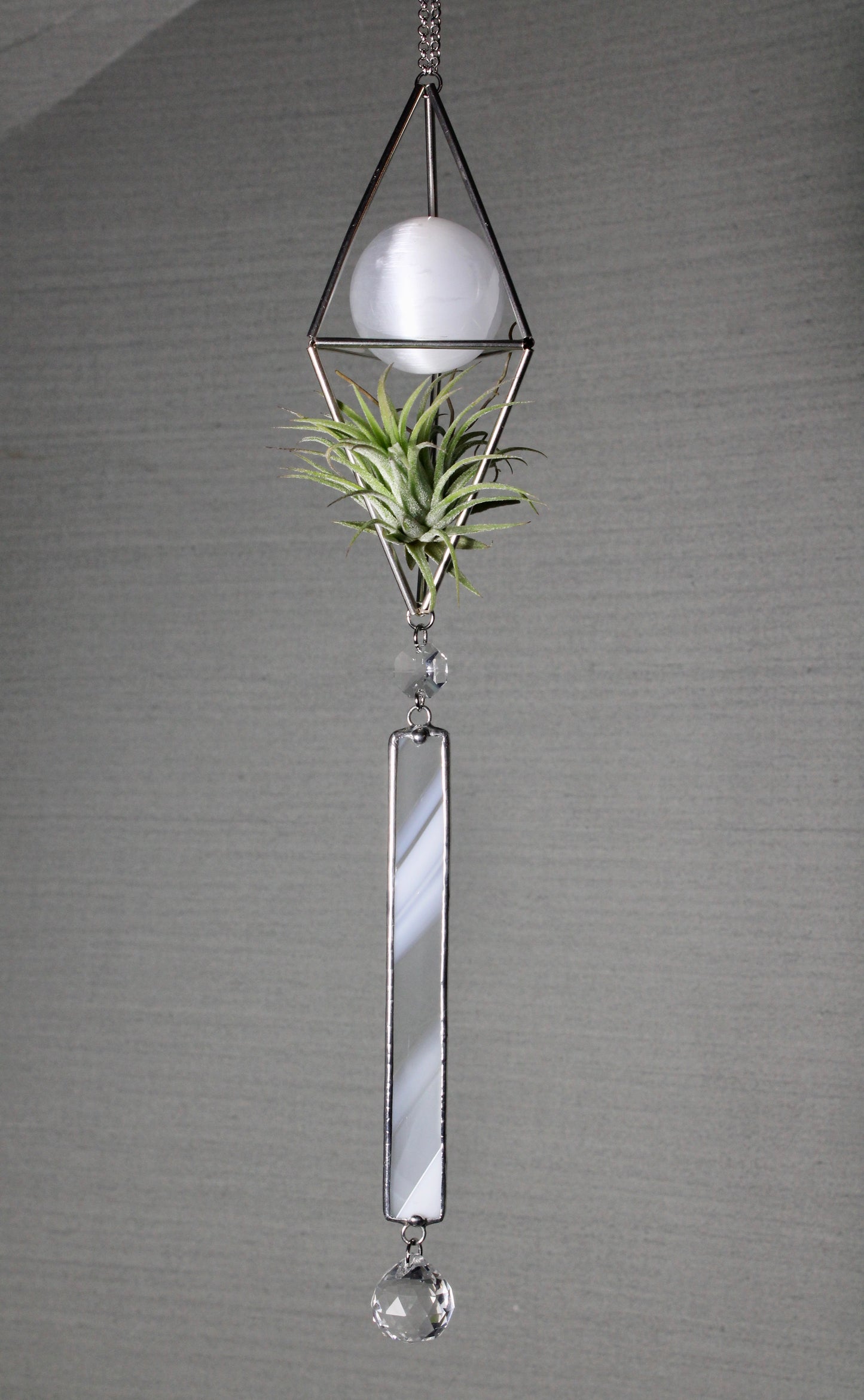 Selenite Sphere Stained Glass Sun Catcher with Air Plant