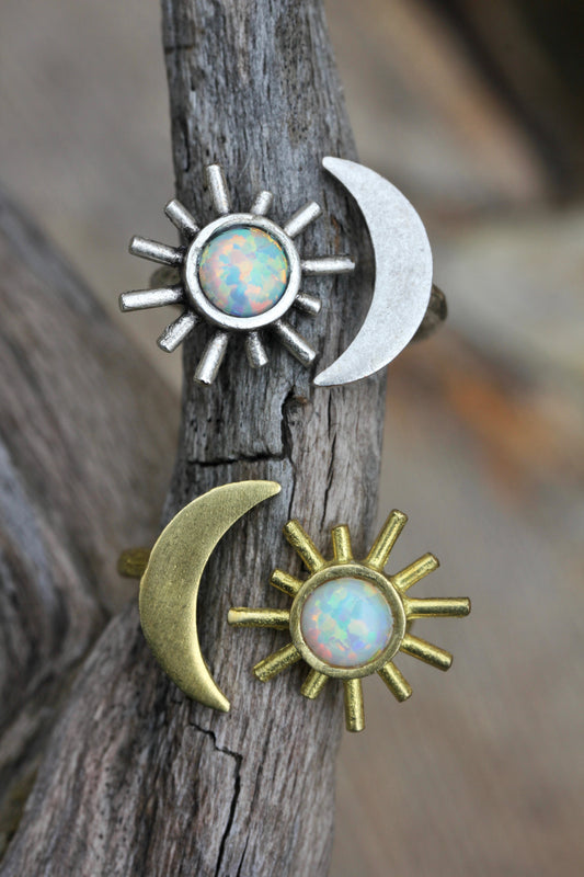 Opal Moon and Sun Brass Ring