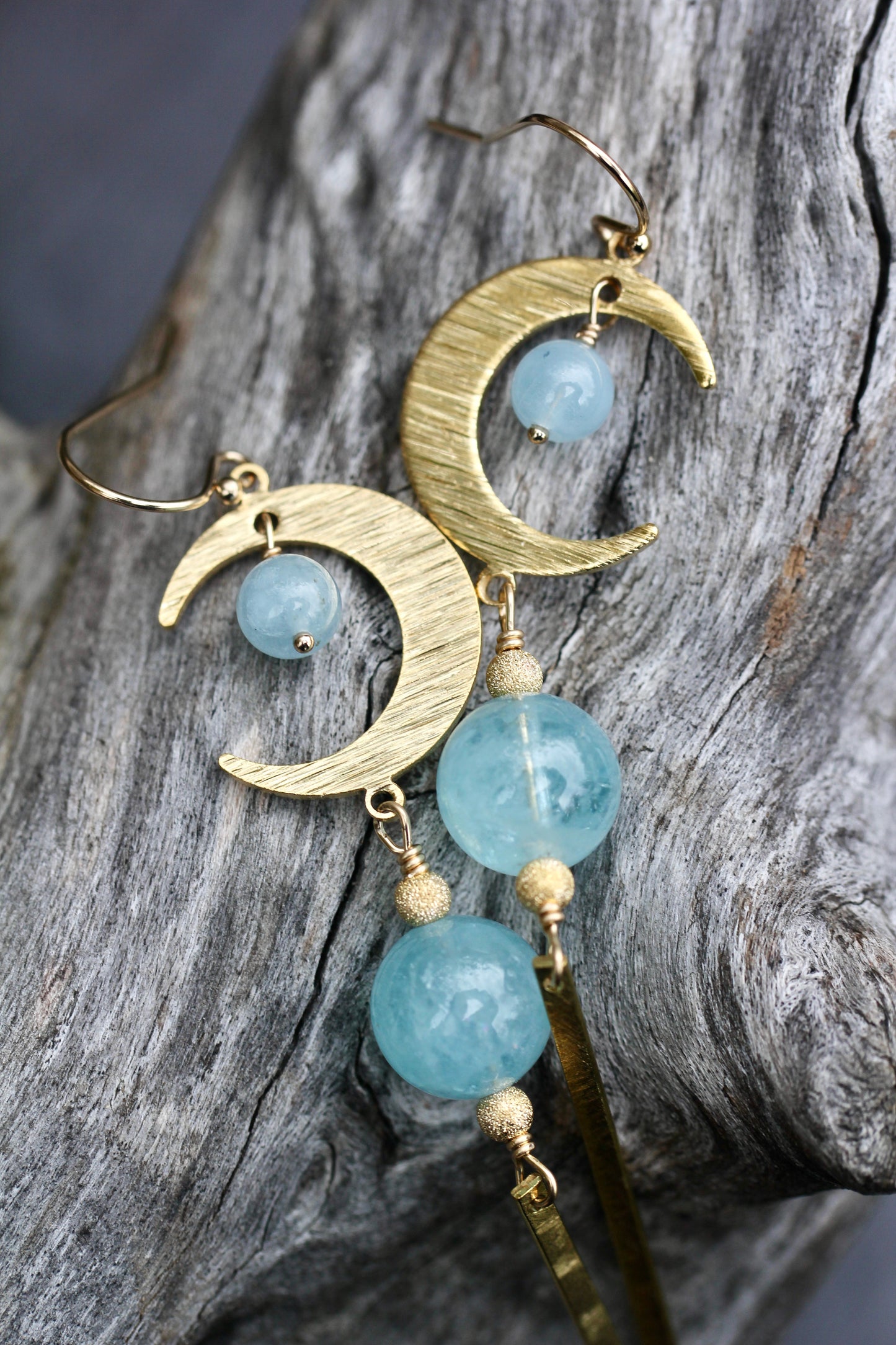 Brass Moon Aquamarine Long Drop Earrings