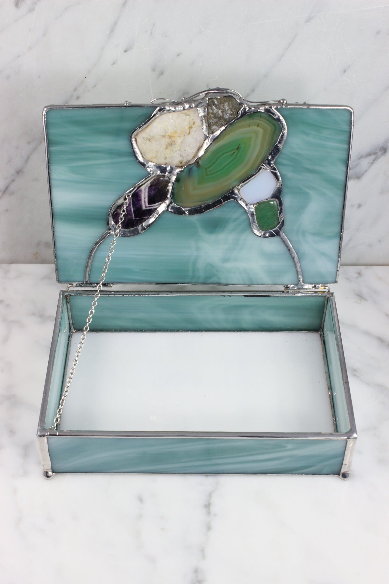 Seafoam Stained Glass Box with Stones