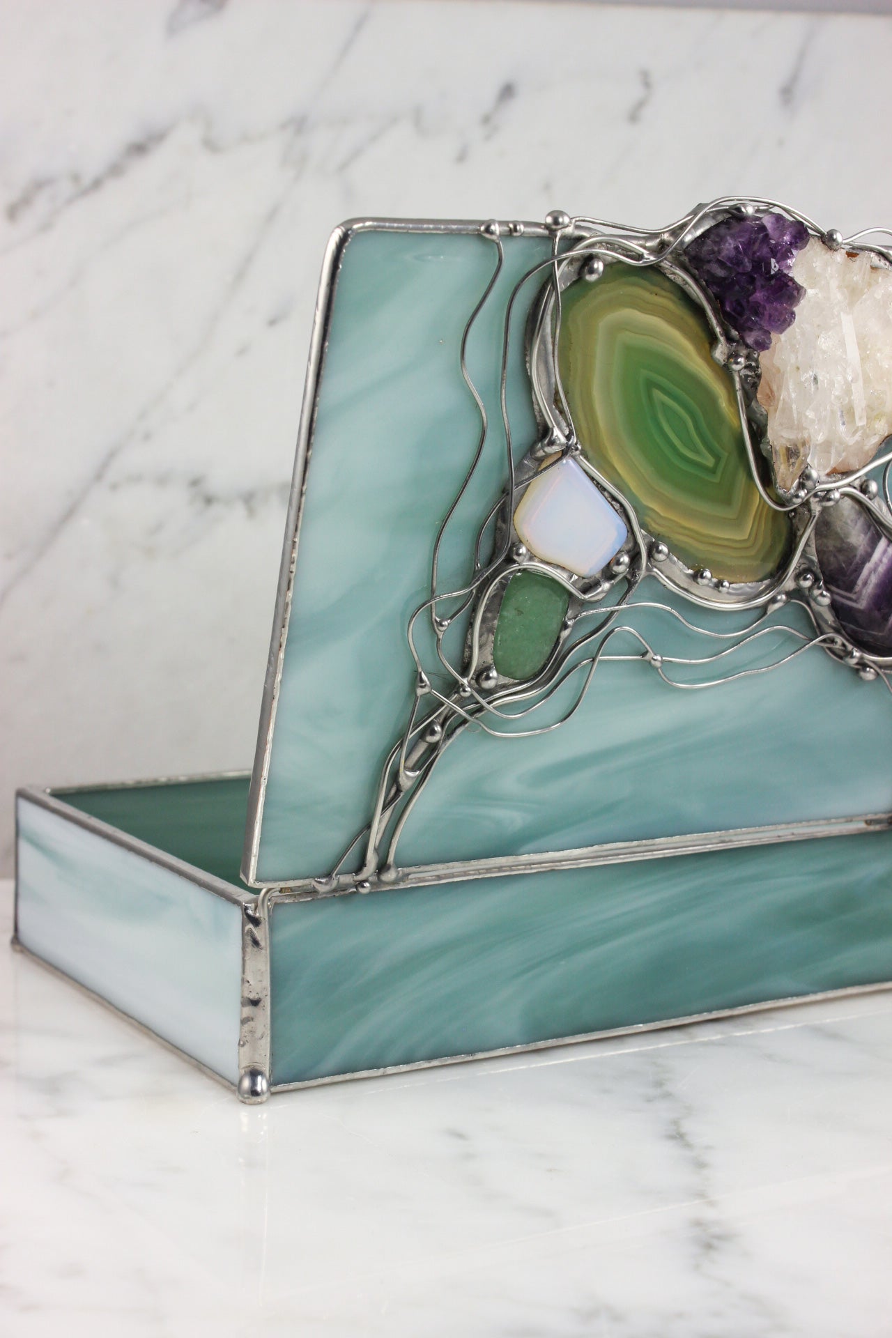 Seafoam Stained Glass Box with Stones