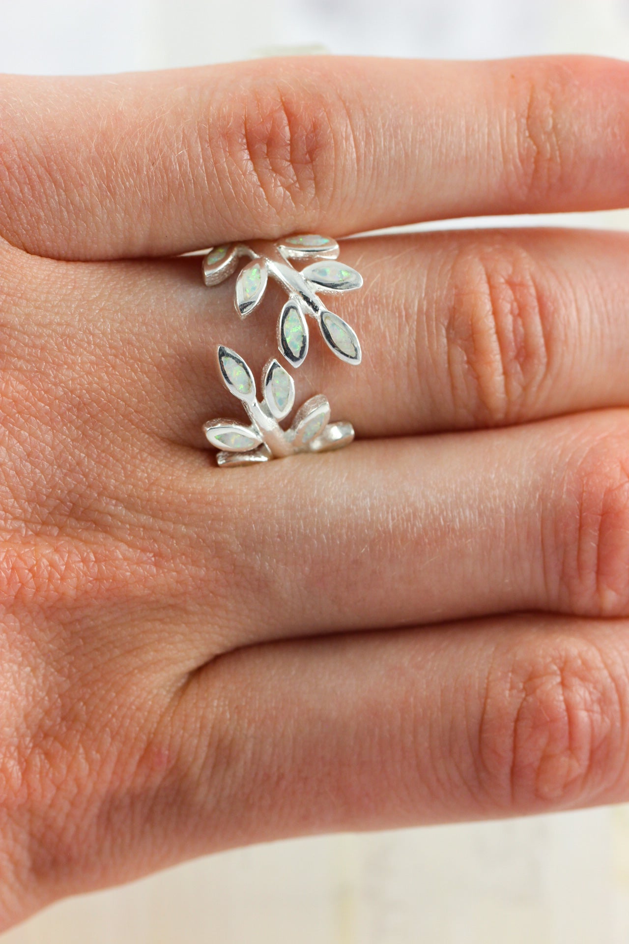 Created White Opal Leaf Ring