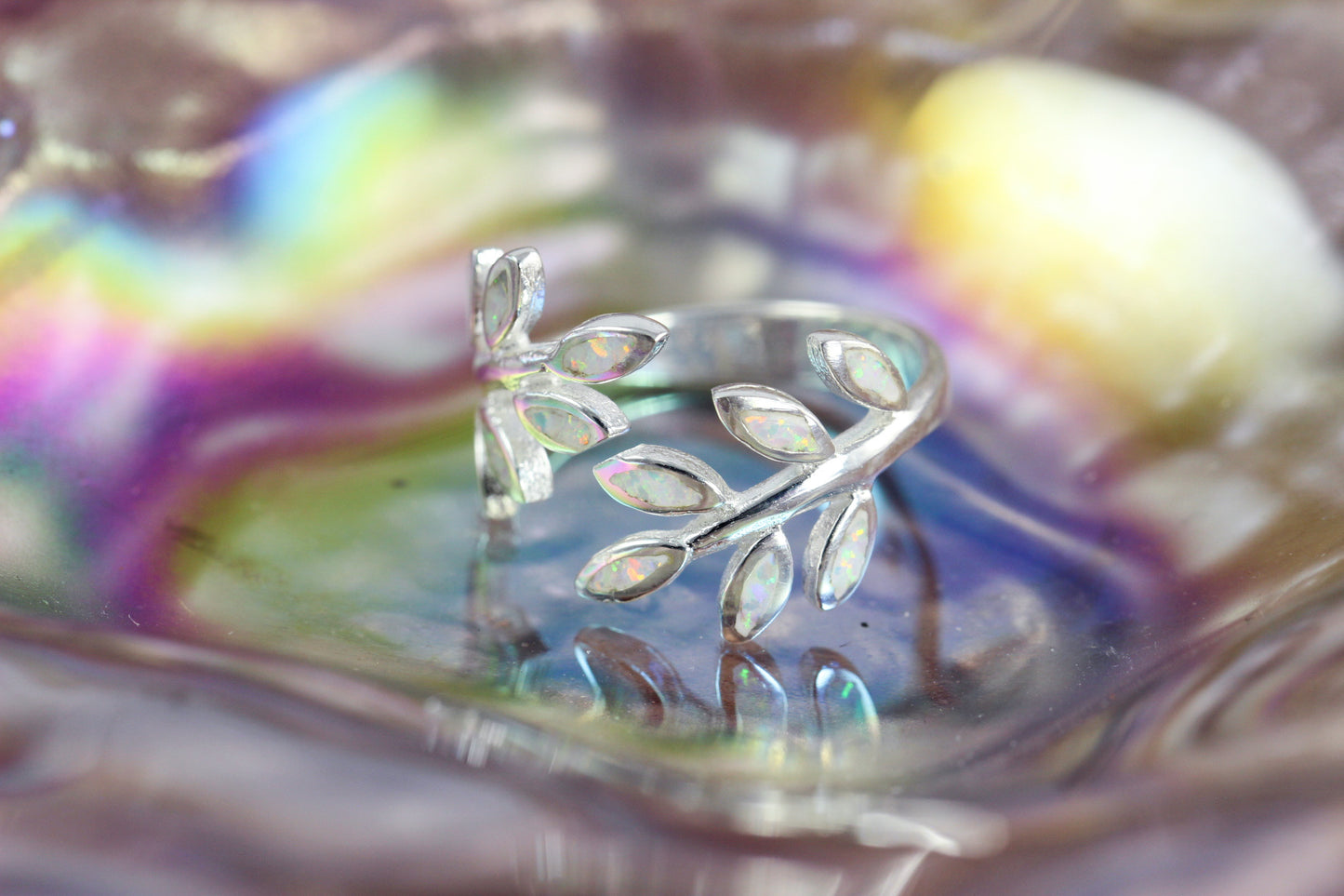 Created White Opal Leaf Ring