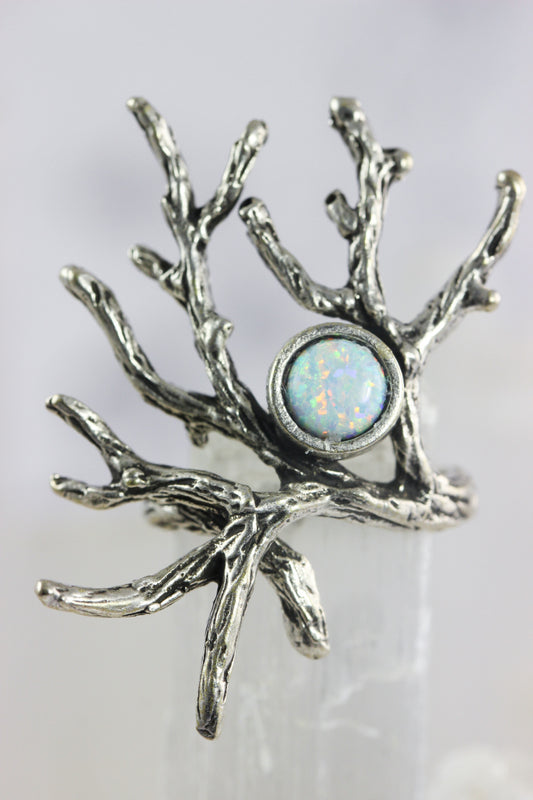 Created Opal Silver Branch Ring