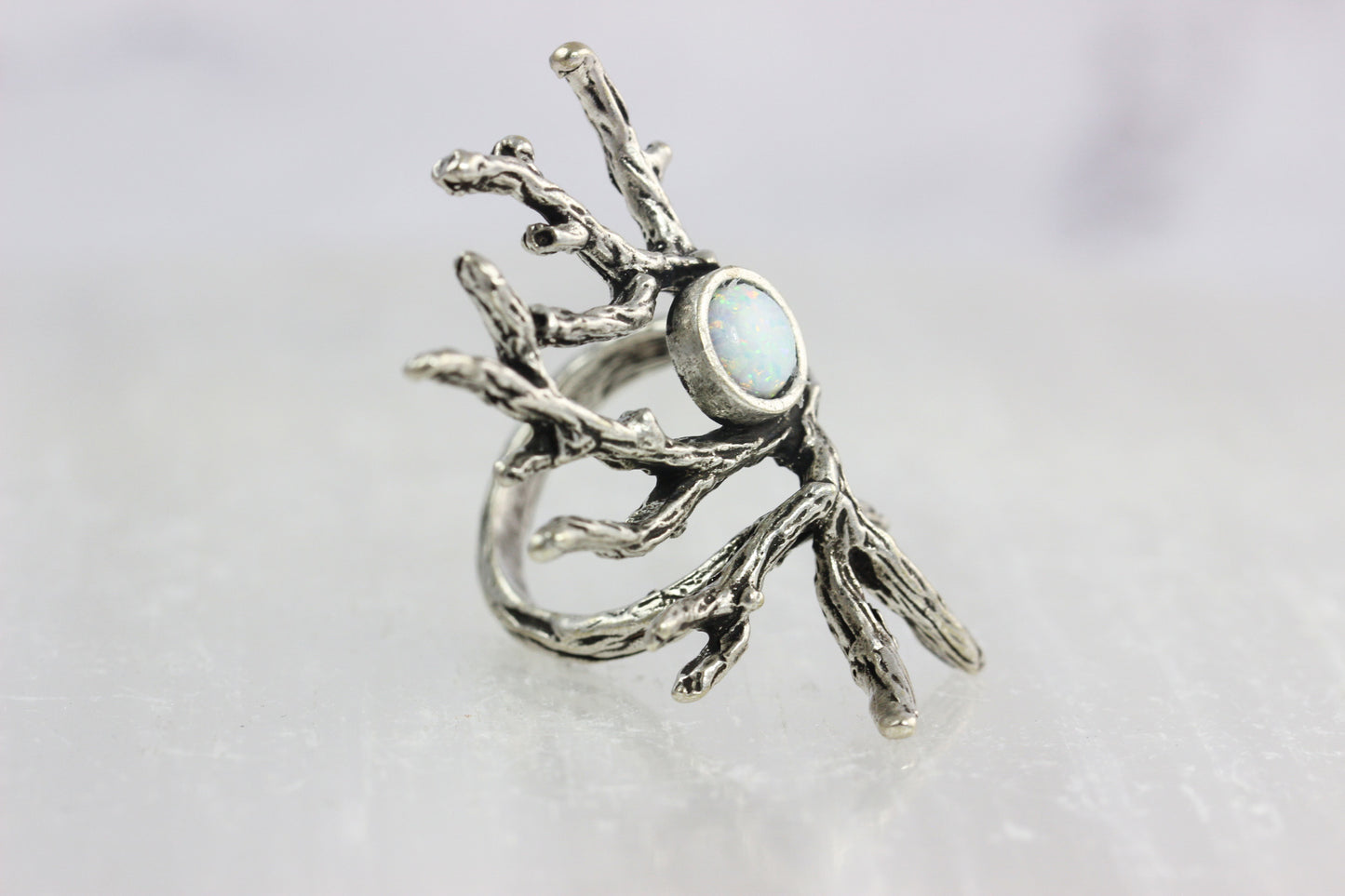 Created Opal Silver Branch Ring