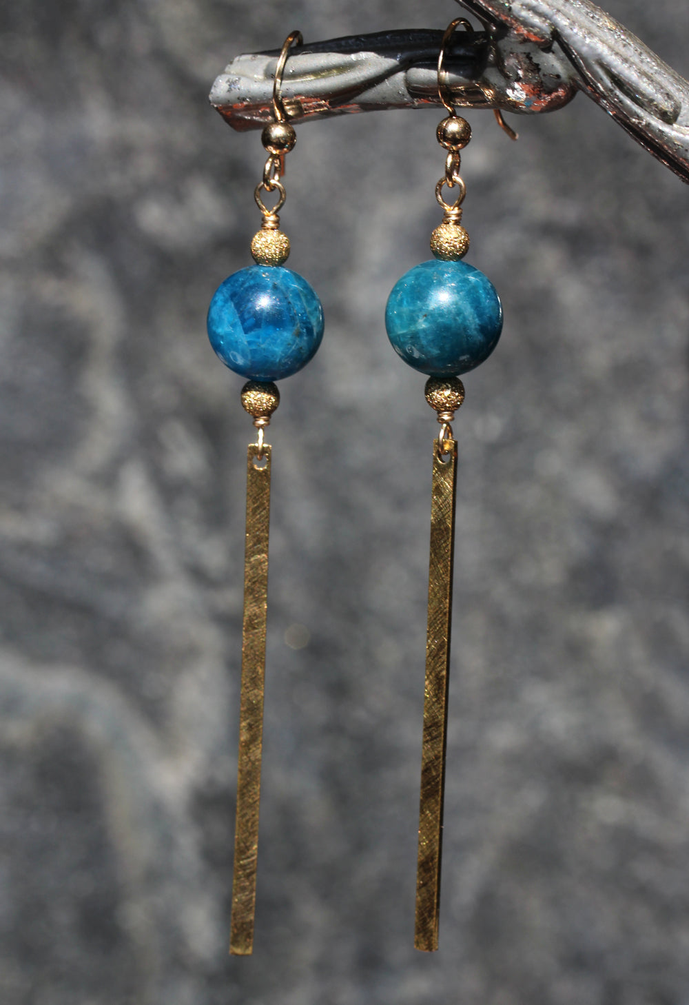 Blue Apatite Brass Bar Earrings