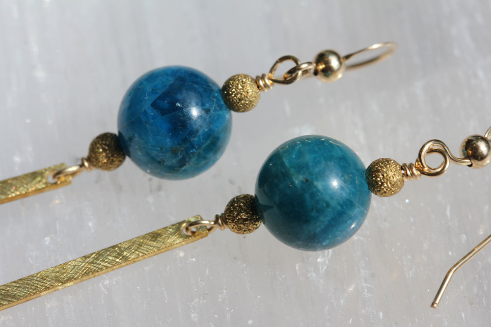 Blue Apatite Brass Bar Earrings