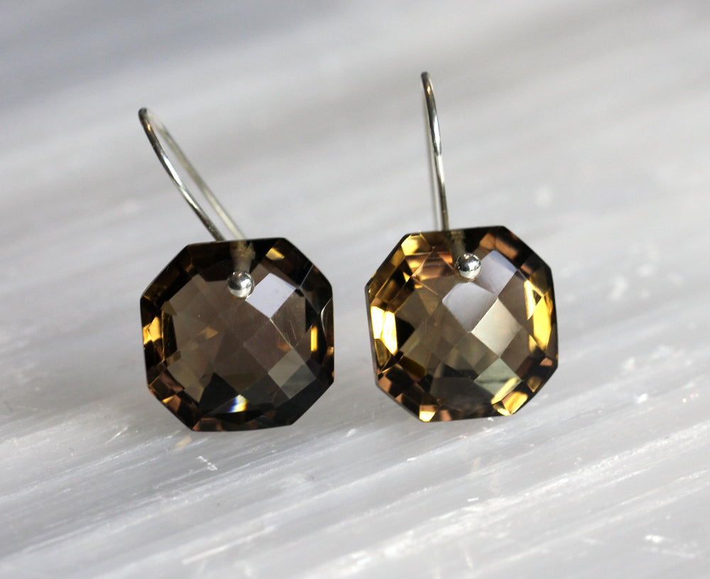 Smokey Quartz Cushion Cut Octagon Earrings